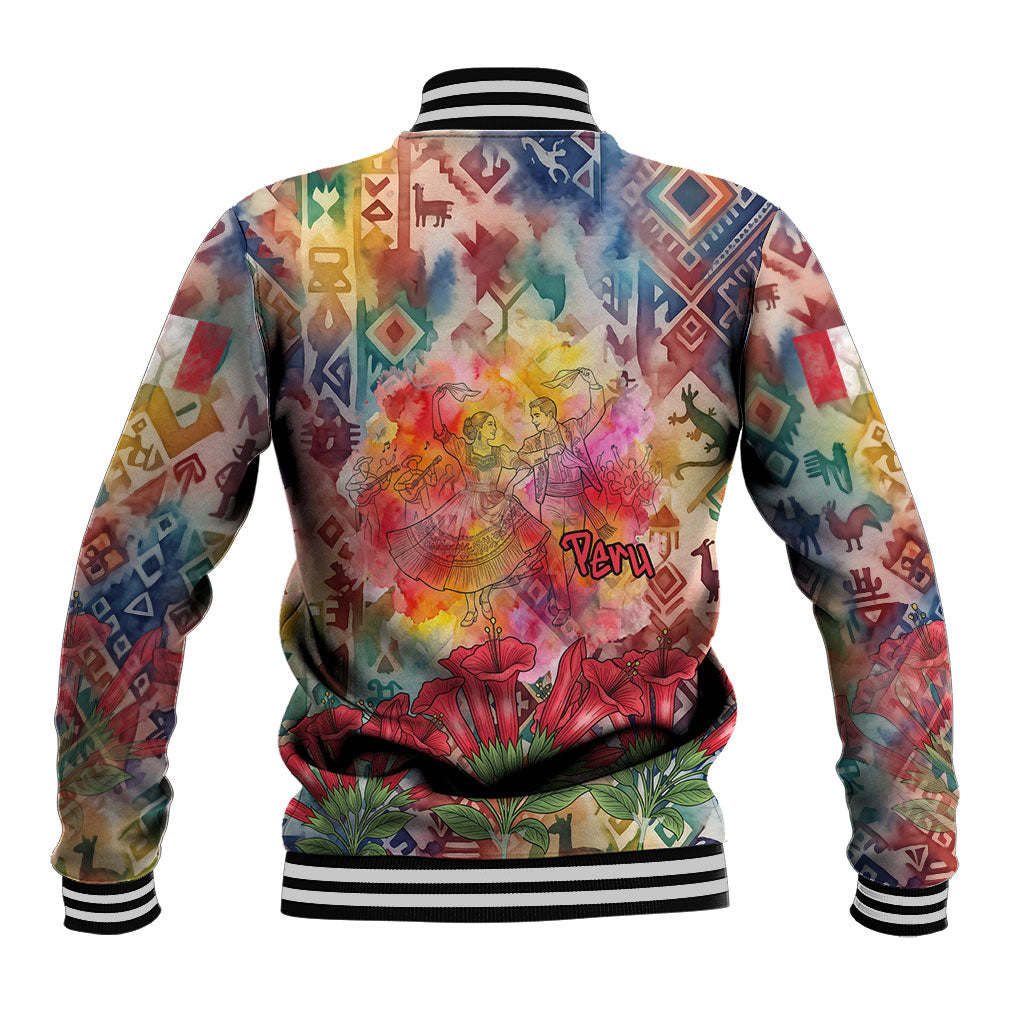 Peru National Emblem Marinera Baseball Jacket Watercolor Splash Inca Pattern