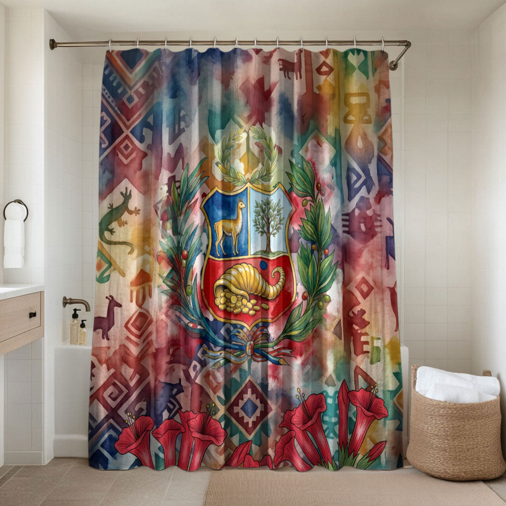 Peru National Emblem Marinera Bathroom Set Watercolor Splash Inca Pattern