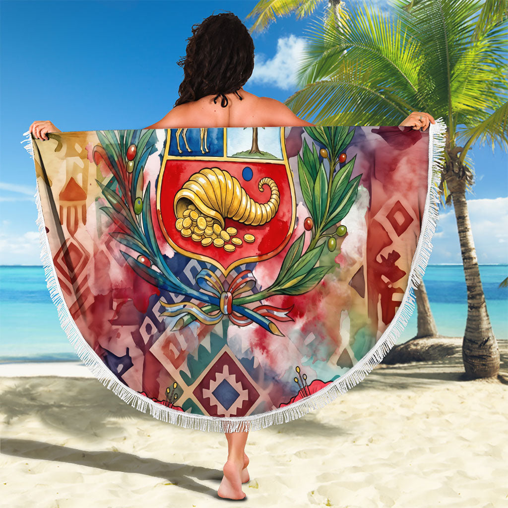 Peru National Emblem Marinera Beach Blanket Watercolor Splash Inca Pattern