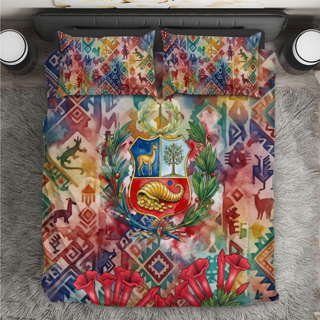 Peru National Emblem Marinera Bedding Set Watercolor Splash Inca Pattern