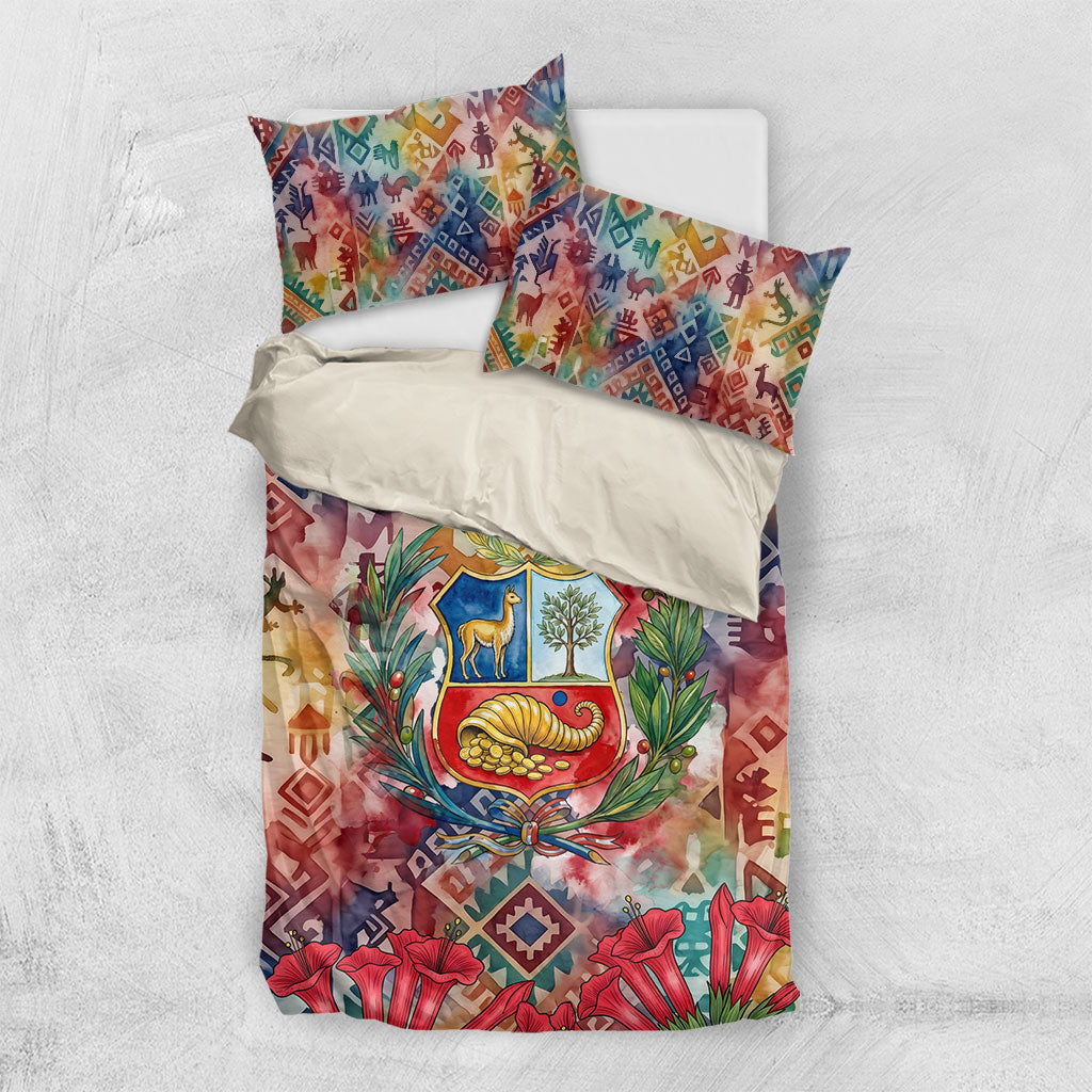 Peru National Emblem Marinera Bedding Set Watercolor Splash Inca Pattern