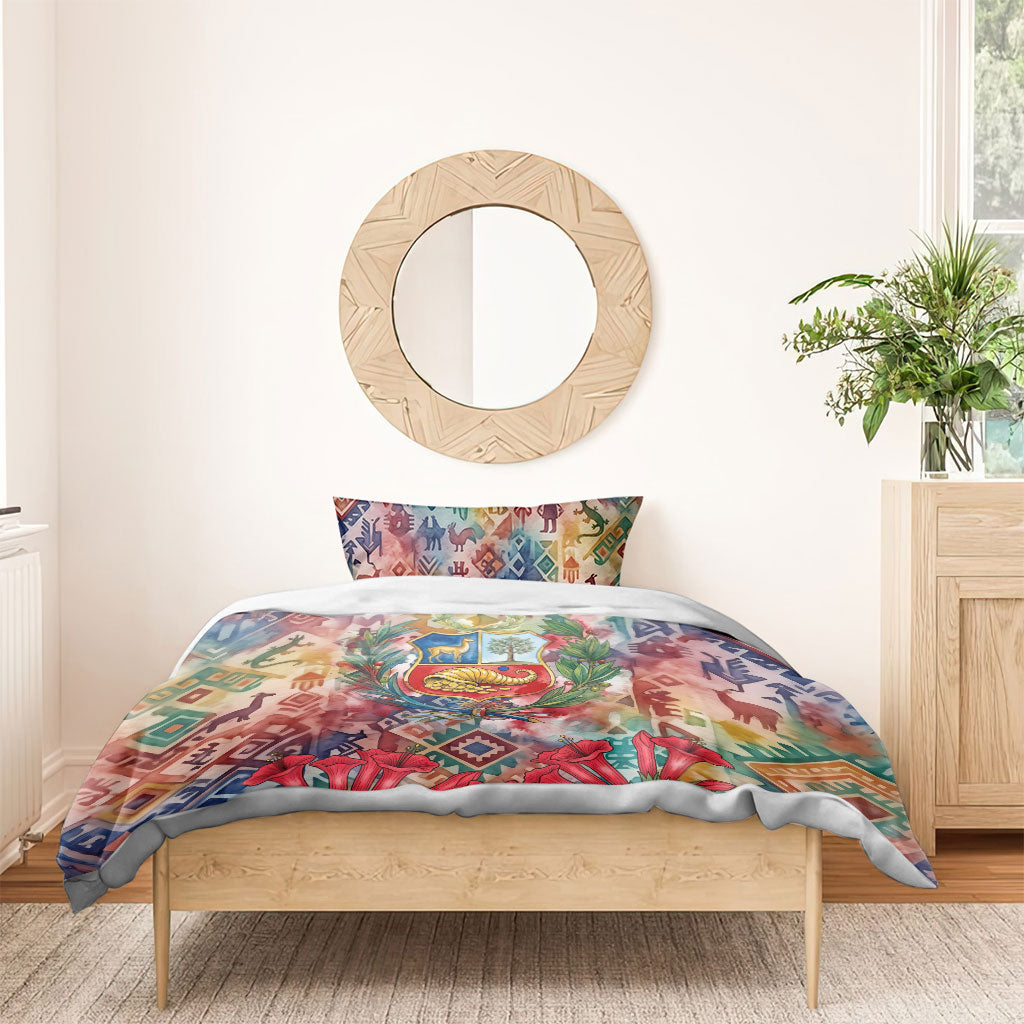 Peru National Emblem Marinera Bedding Set Watercolor Splash Inca Pattern