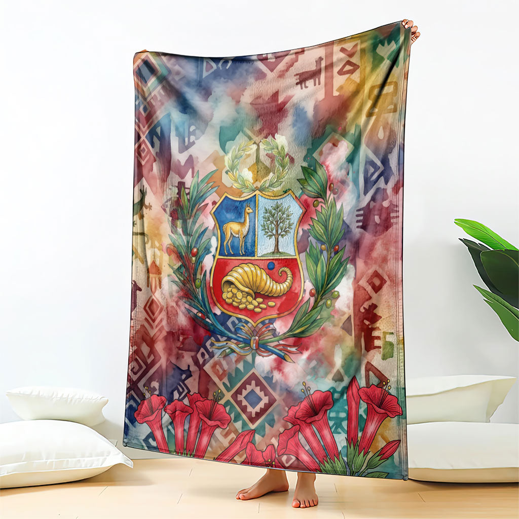 Peru National Emblem Marinera Blanket Watercolor Splash Inca Pattern