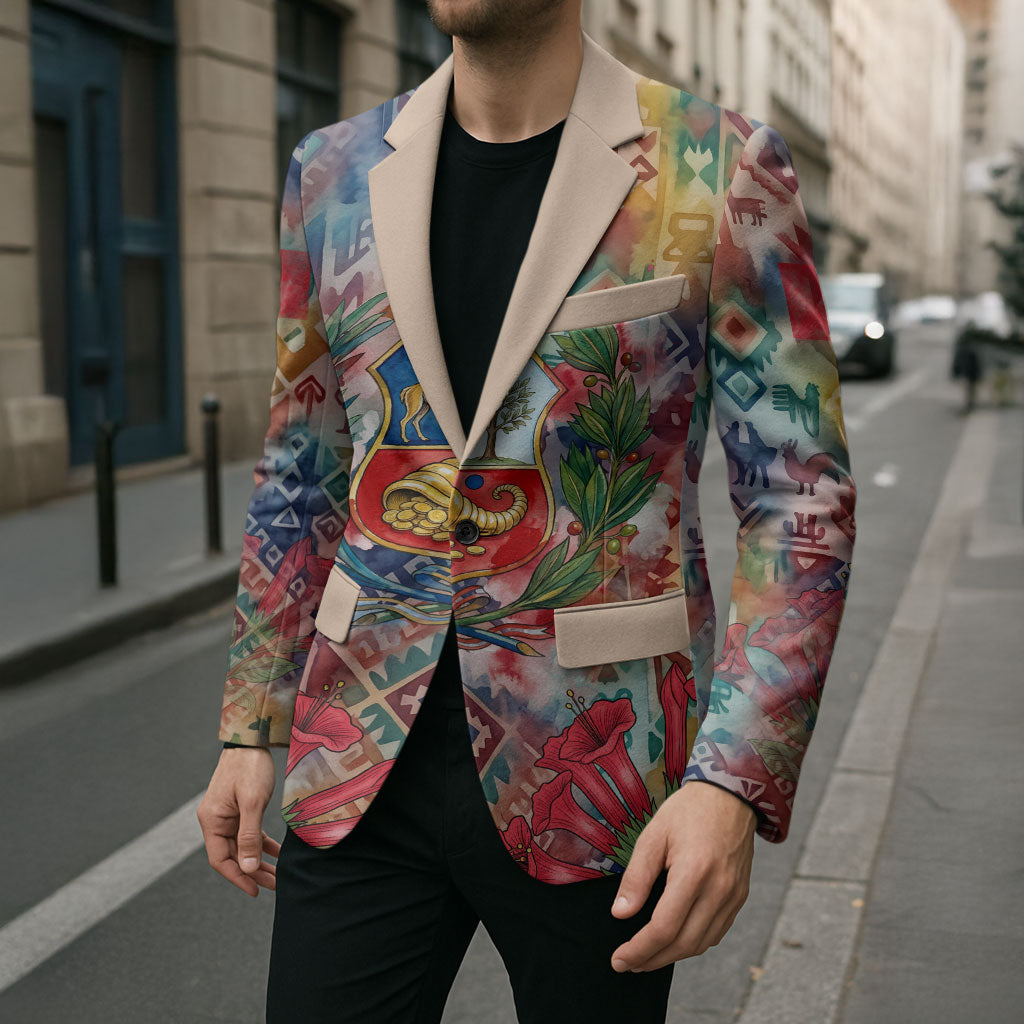 Peru National Emblem Marinera Blazer Watercolor Splash Inca Pattern