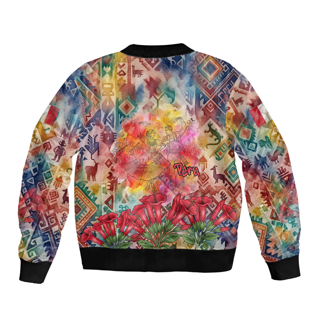 Peru National Emblem Marinera Bomber Jacket Watercolor Splash Inca Pattern