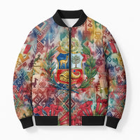 Peru National Emblem Marinera Bomber Puffer Jacket Watercolor Splash Inca Pattern