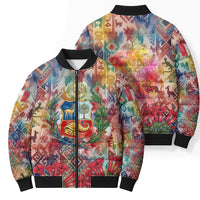 Peru National Emblem Marinera Bomber Puffer Jacket Watercolor Splash Inca Pattern