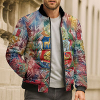 Peru National Emblem Marinera Bomber Puffer Jacket Watercolor Splash Inca Pattern
