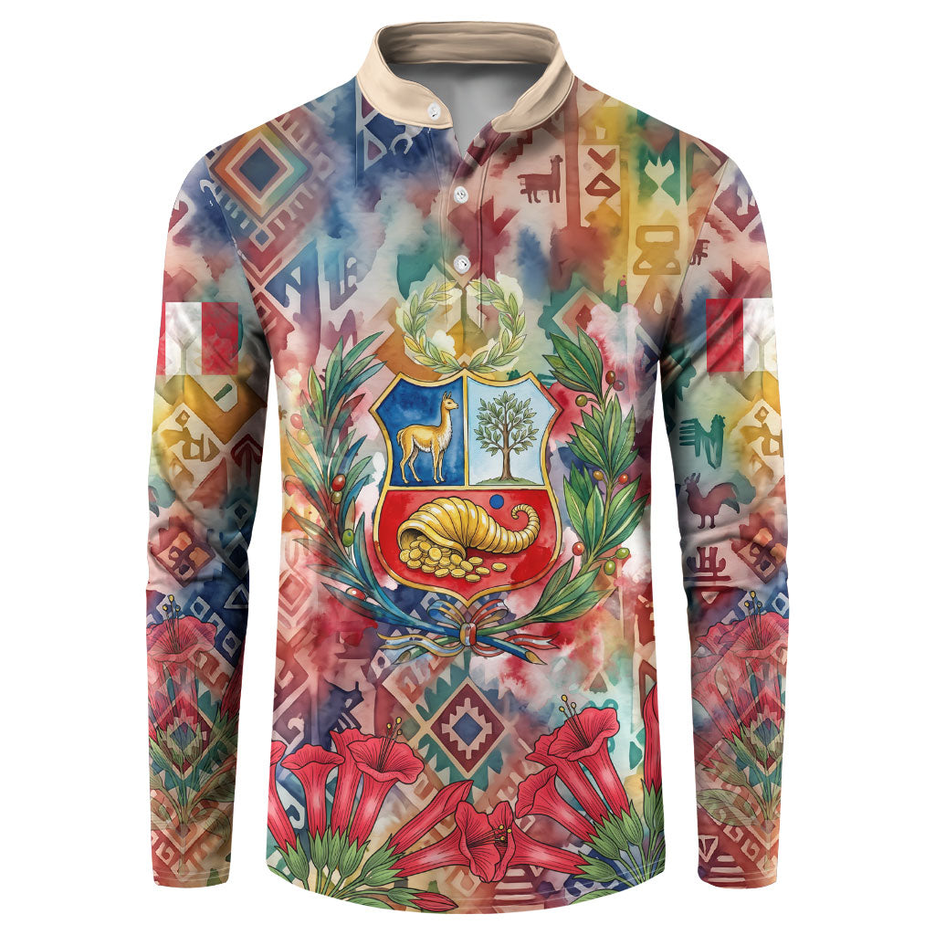 Peru National Emblem Marinera Button Sweatshirt Watercolor Splash Inca Pattern