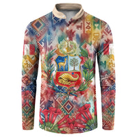 Peru National Emblem Marinera Button Sweatshirt Watercolor Splash Inca Pattern