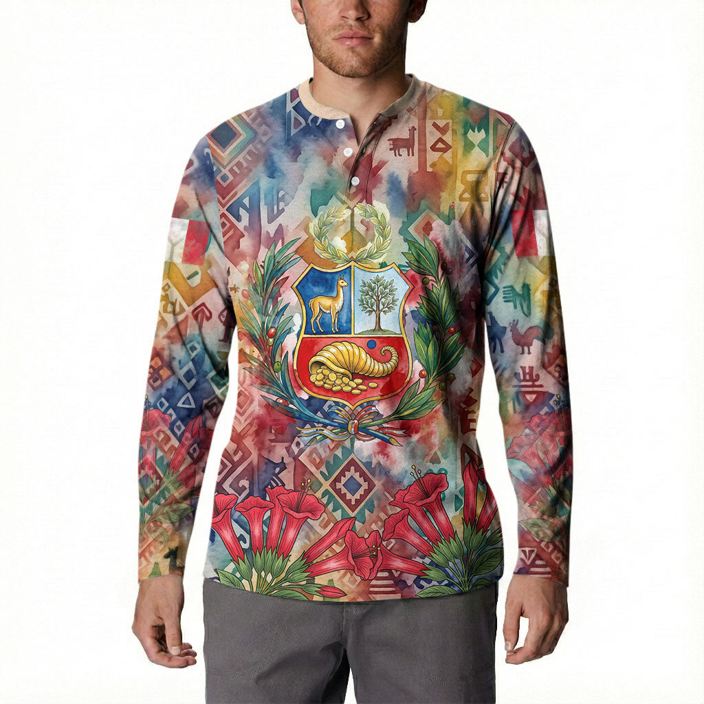Peru National Emblem Marinera Button Sweatshirt Watercolor Splash Inca Pattern