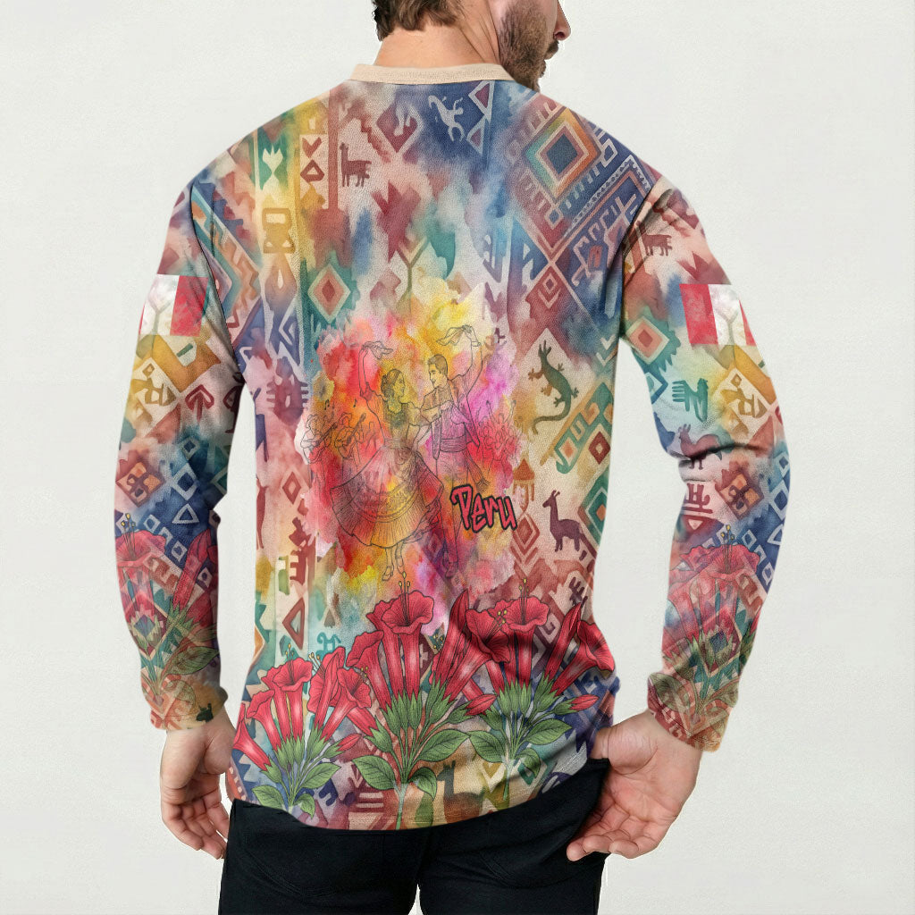 Peru National Emblem Marinera Button Sweatshirt Watercolor Splash Inca Pattern