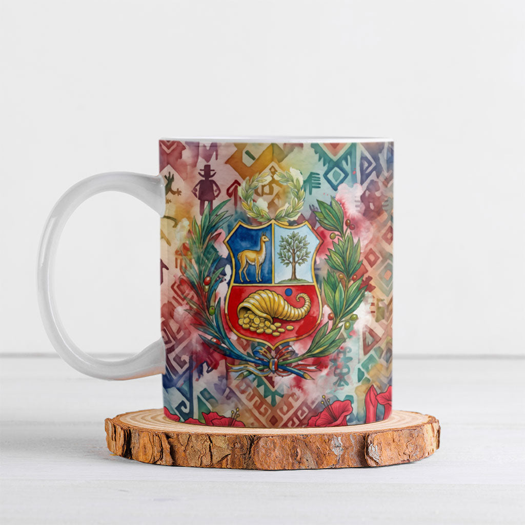 Peru National Emblem Marinera Ceramic Mug Watercolor Splash Inca Pattern