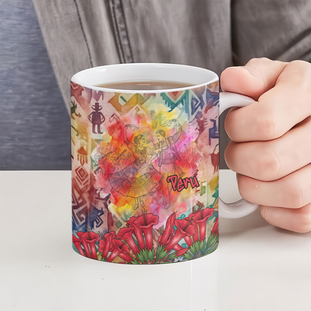 Peru National Emblem Marinera Ceramic Mug Watercolor Splash Inca Pattern