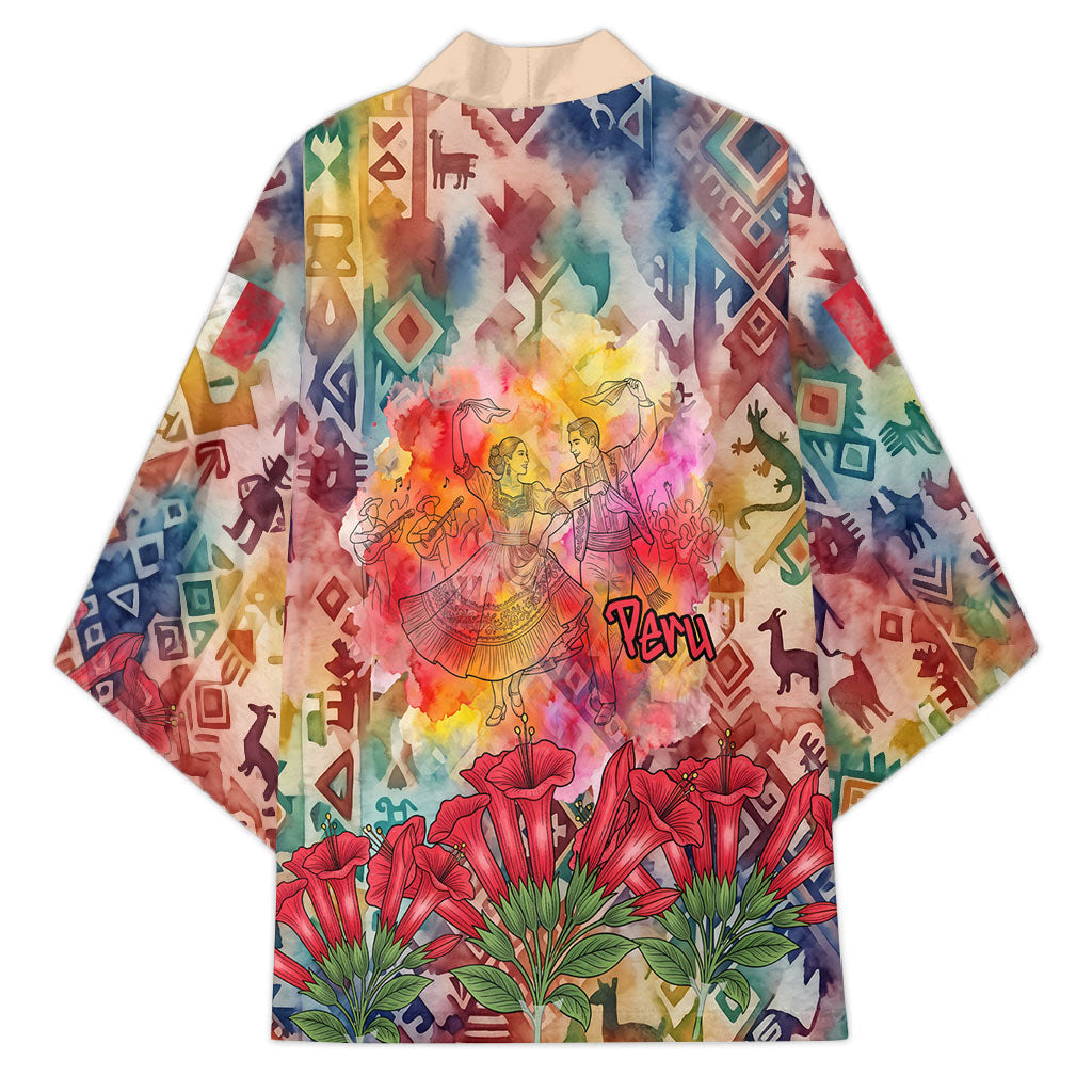 Peru National Emblem Marinera Kimono Watercolor Splash Inca Pattern