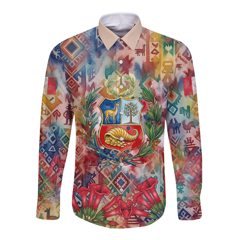 Peru National Emblem Marinera Long Sleeve Button Shirt Watercolor Splash Inca Pattern