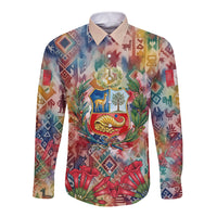 Peru National Emblem Marinera Long Sleeve Button Shirt Watercolor Splash Inca Pattern