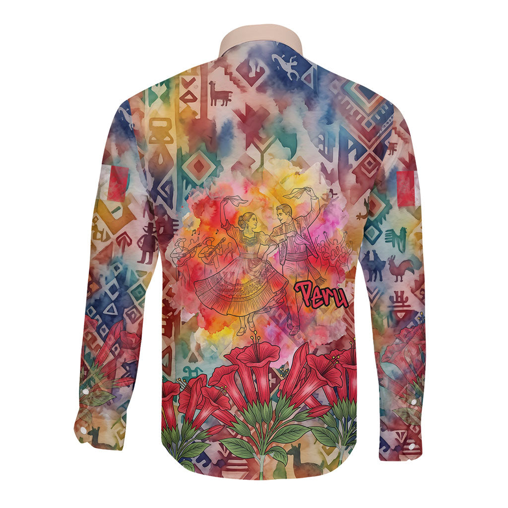 Peru National Emblem Marinera Long Sleeve Button Shirt Watercolor Splash Inca Pattern