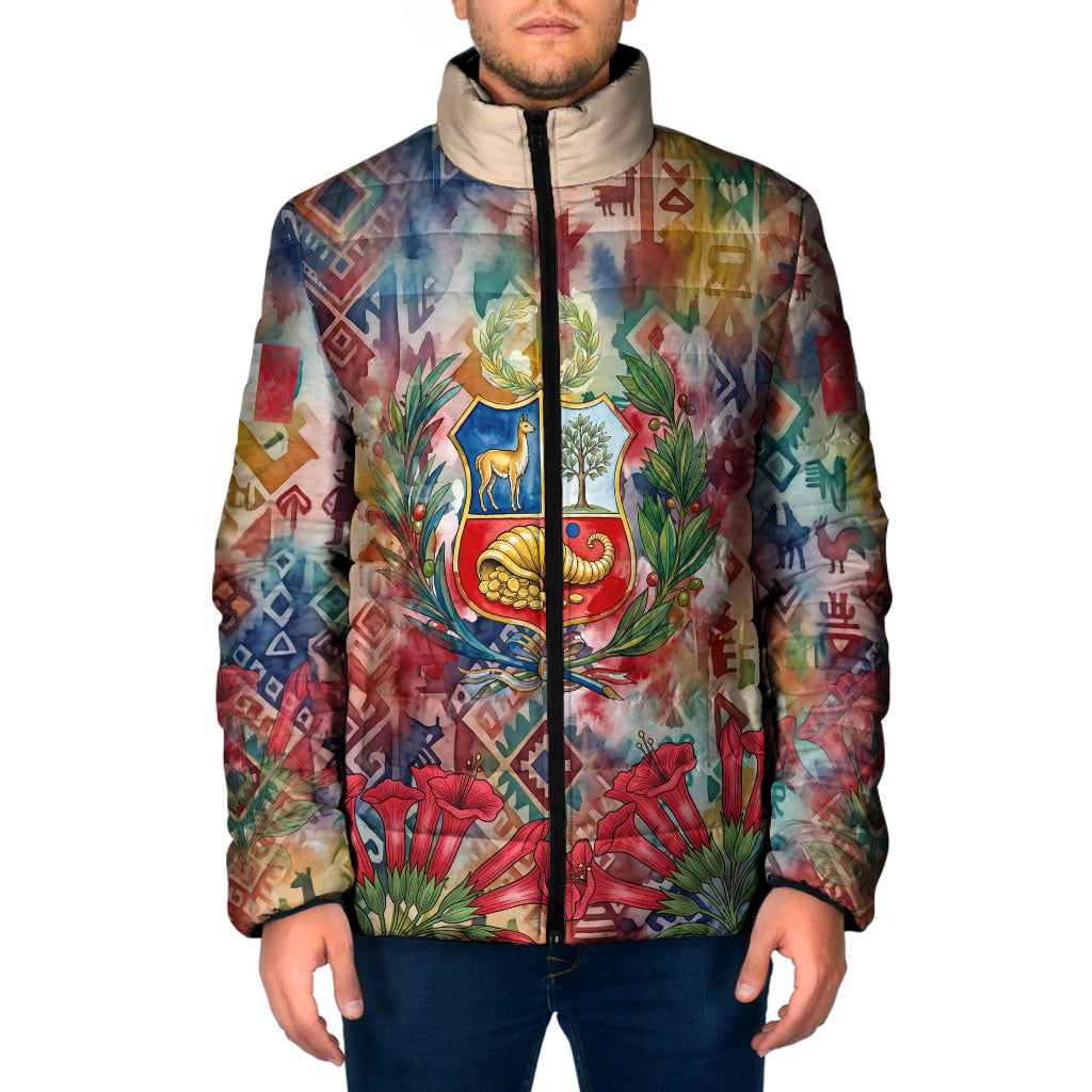 Peru National Emblem Marinera Padded Jacket Watercolor Splash Inca Pattern