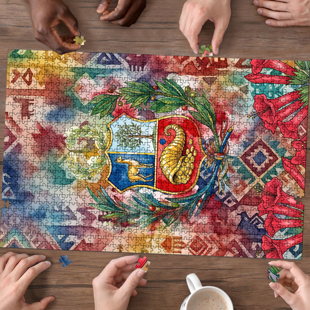 Peru National Emblem Marinera Puzzle Watercolor Splash Inca Pattern