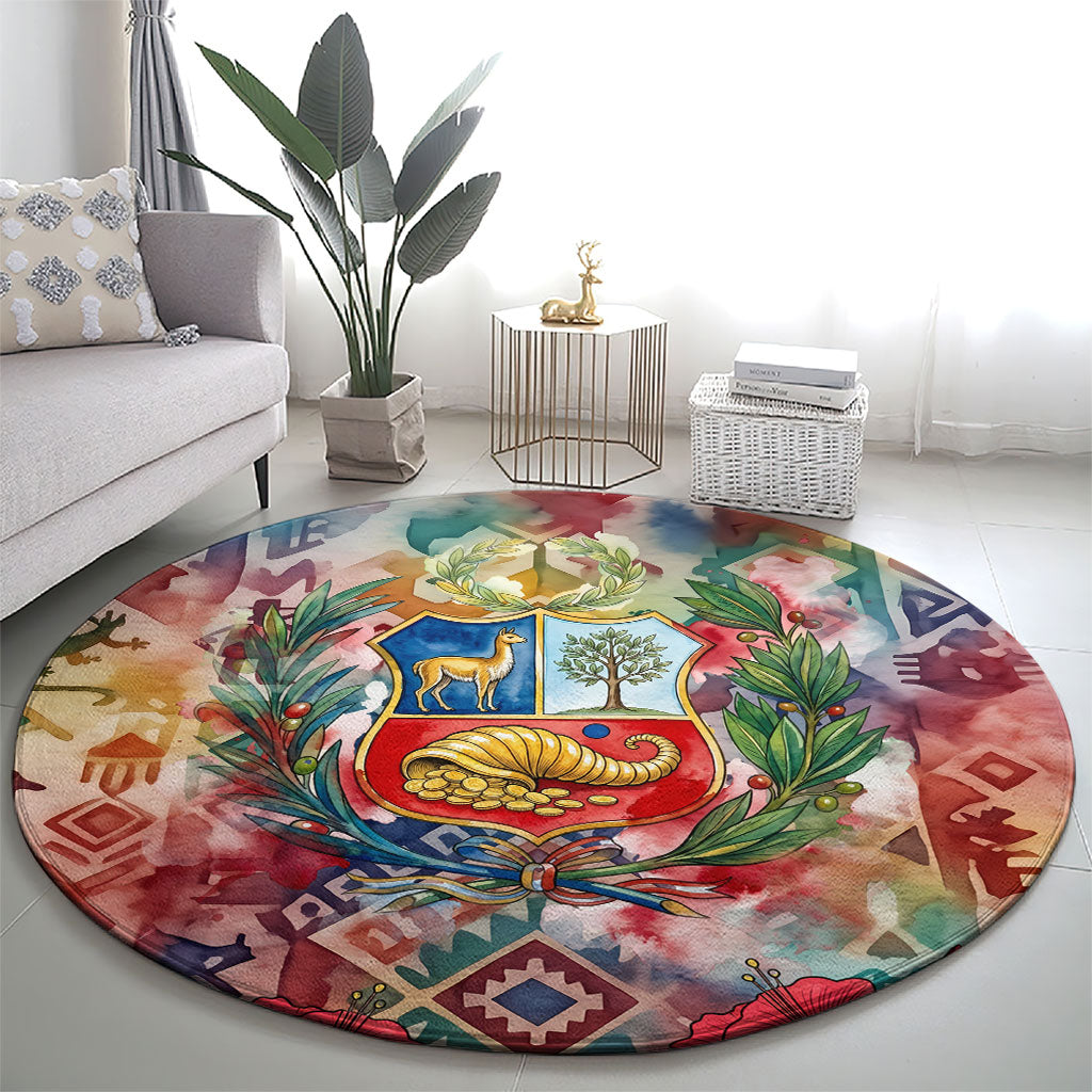 Peru National Emblem Marinera Round Carpet Watercolor Splash Inca Pattern