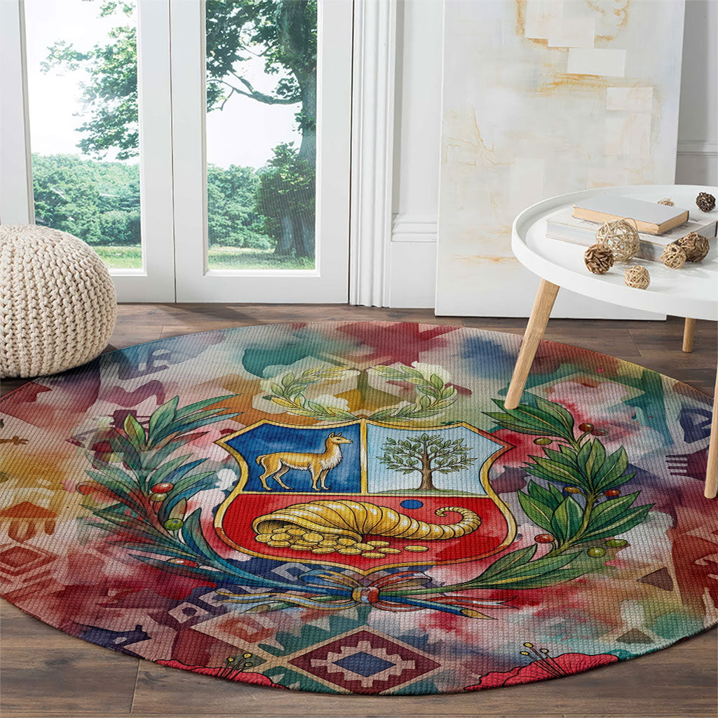 Peru National Emblem Marinera Round Carpet Watercolor Splash Inca Pattern