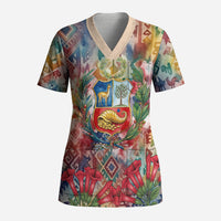 Peru National Emblem Marinera Scrub Top Watercolor Splash Inca Pattern