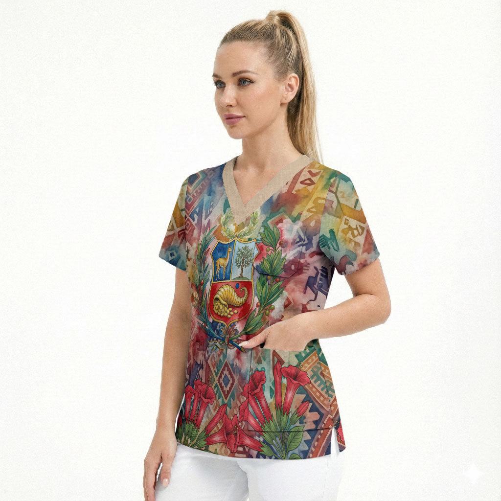 Peru National Emblem Marinera Scrub Top Watercolor Splash Inca Pattern