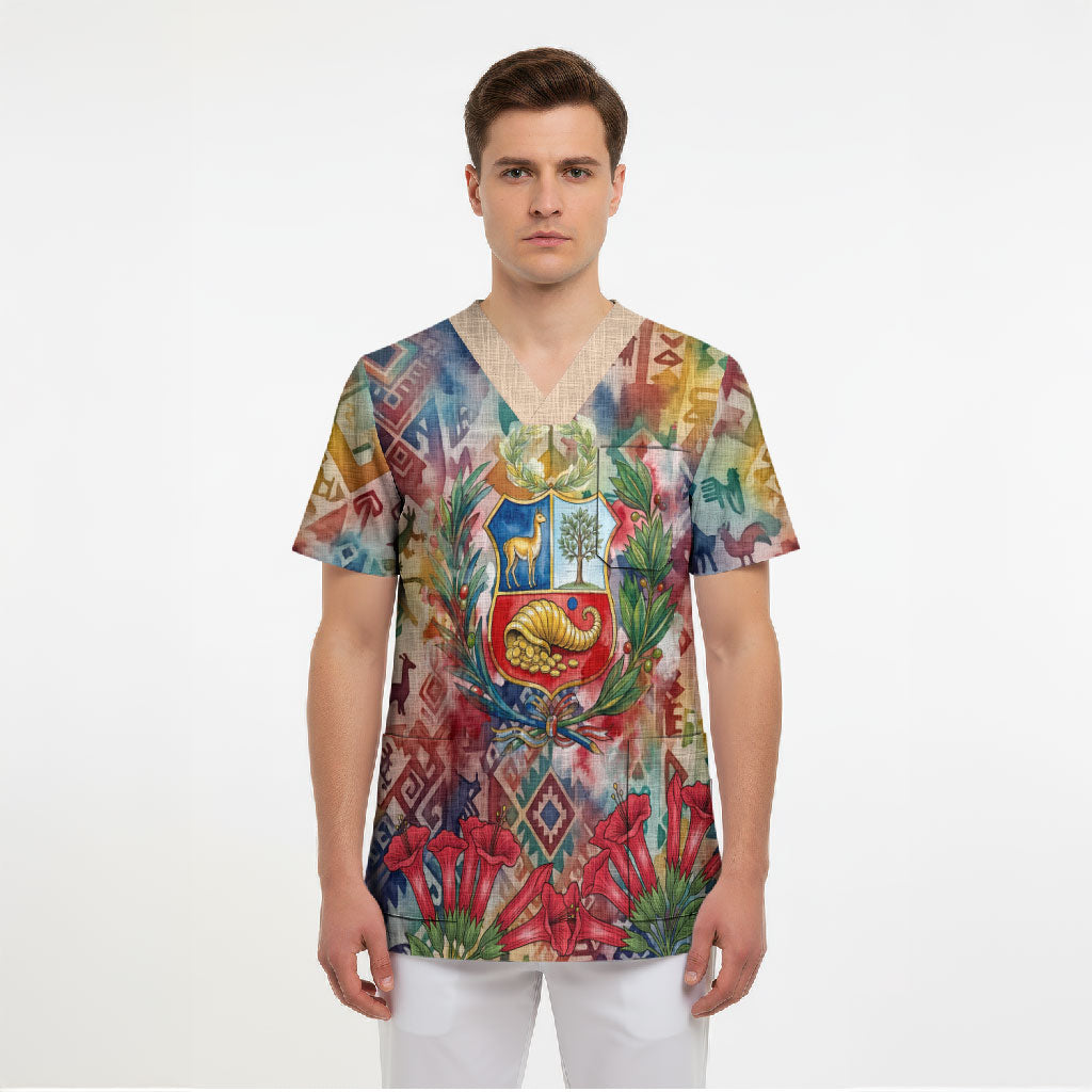 Peru National Emblem Marinera Scrub Top Watercolor Splash Inca Pattern