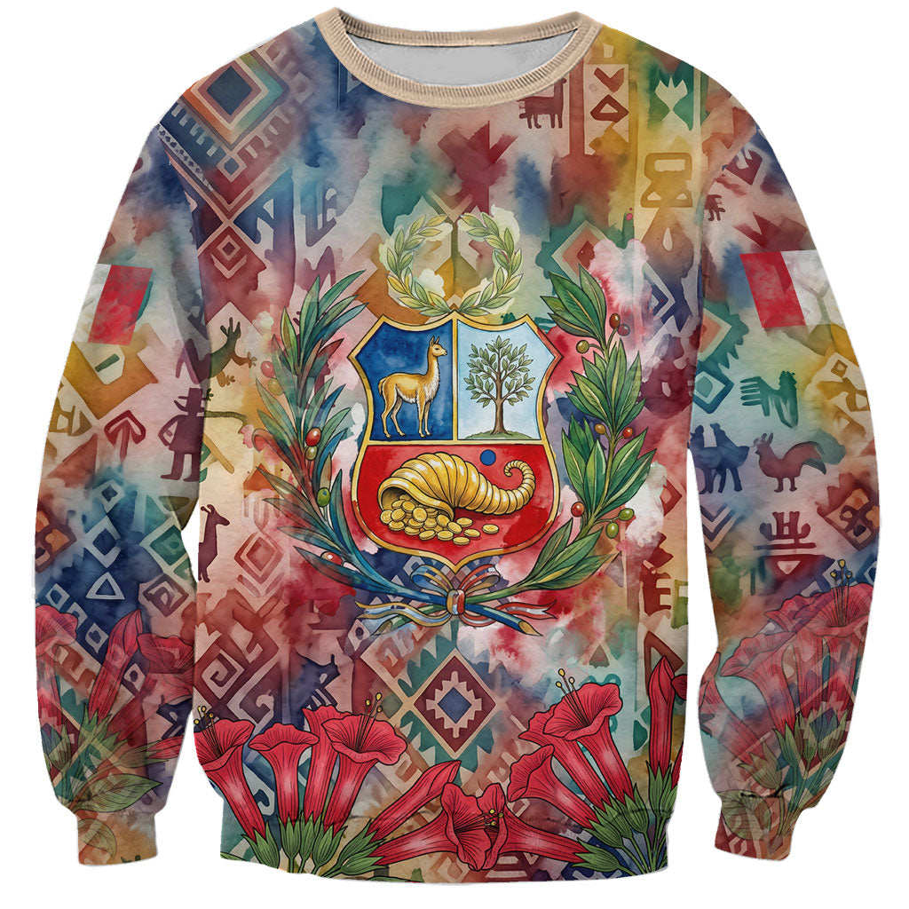 Peru National Emblem Marinera Sweatshirt Watercolor Splash Inca Pattern