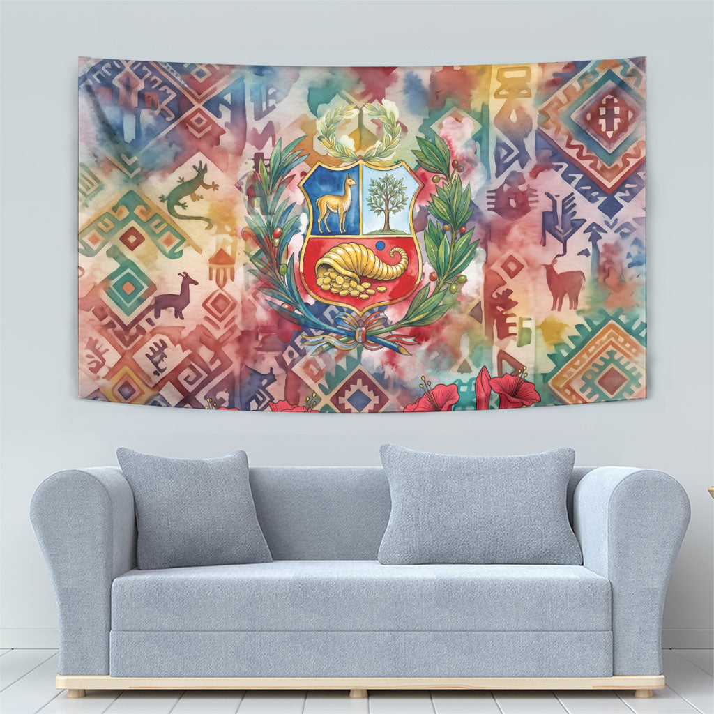 Peru National Emblem Marinera Tapestry Watercolor Splash Inca Pattern