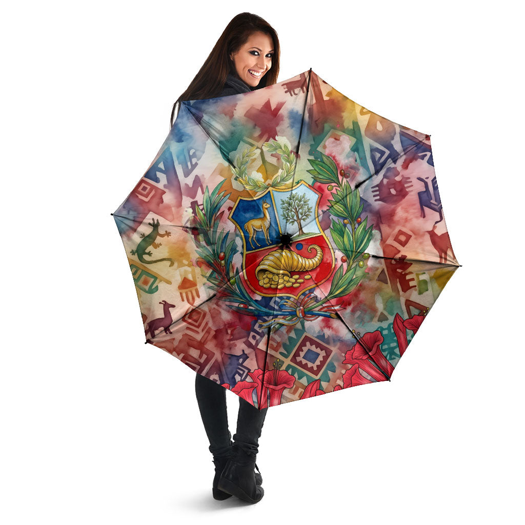 Peru National Emblem Marinera Umbrella Watercolor Splash Inca Pattern