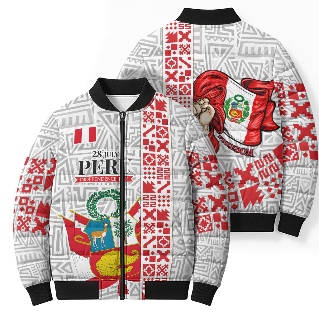 Peru Independence Day Bomber Puffer Jacket Peruvian Flag Coat of Arms Inca Pattern