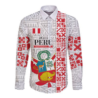 Peru Independence Day Long Sleeve Button Shirt Peruvian Flag Coat of Arms Inca Pattern