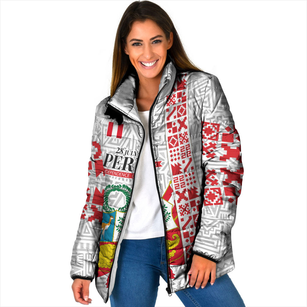 Peru Independence Day Padded Jacket Peruvian Flag Coat of Arms Inca Pattern