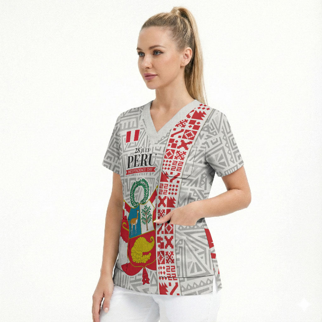 Peru Independence Day Scrub Top Peruvian Flag Coat of Arms Inca Pattern