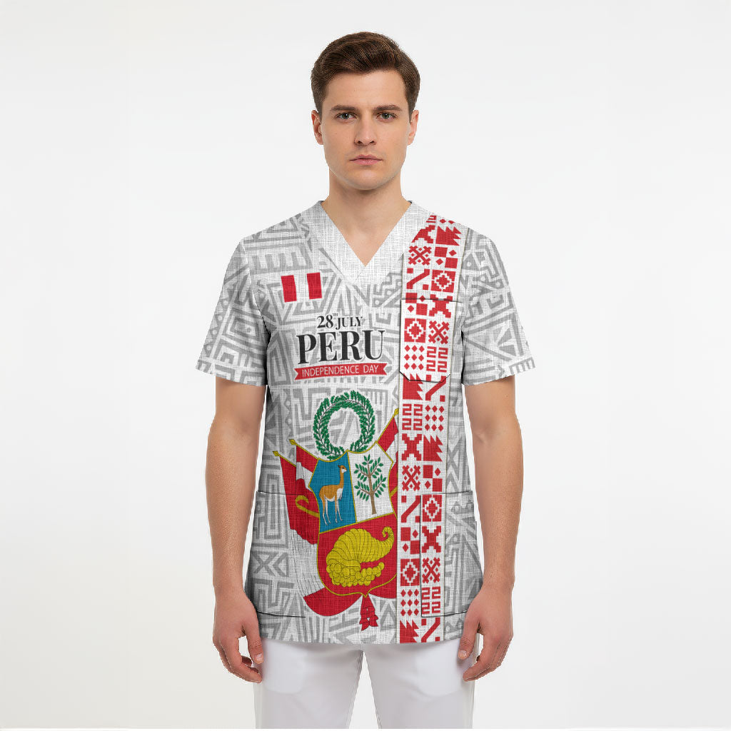 Peru Independence Day Scrub Top Peruvian Flag Coat of Arms Inca Pattern