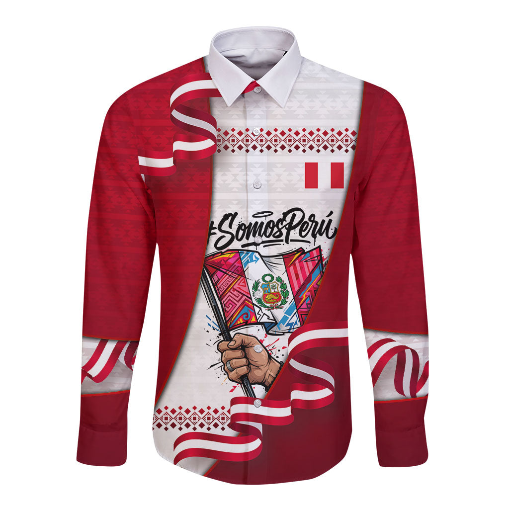 Somos Peru Independence Day Long Sleeve Button Shirt Inti Sun God Andean Condor Tribal