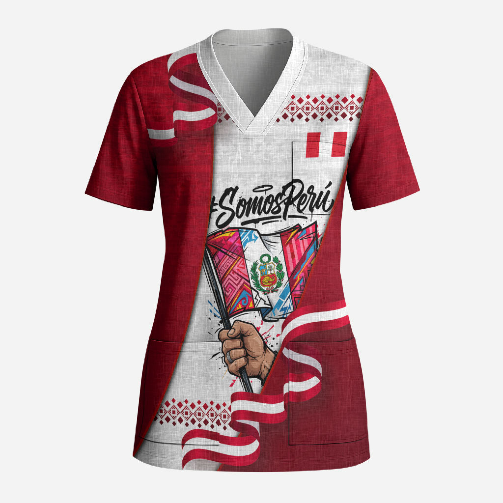 Somos Peru Independence Day Scrub Top Inti Sun God Andean Condor Tribal