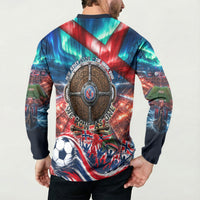 Norway Football Viking Row Button Sweatshirt Viking Shield Aurora Borealis Dynamic Art
