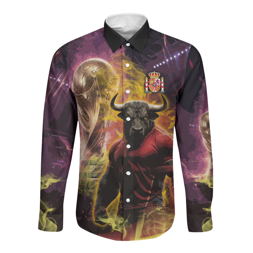 Personalized Spain Football Bull Mascot Long Sleeve Button Shirt Spanish Pride Champion Trophy Graphic Art