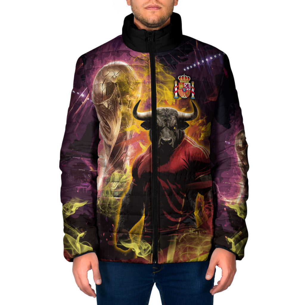 Personalized Spain Football Bull Mascot Padded Jacket Spanish Pride Champion Trophy Graphic Art