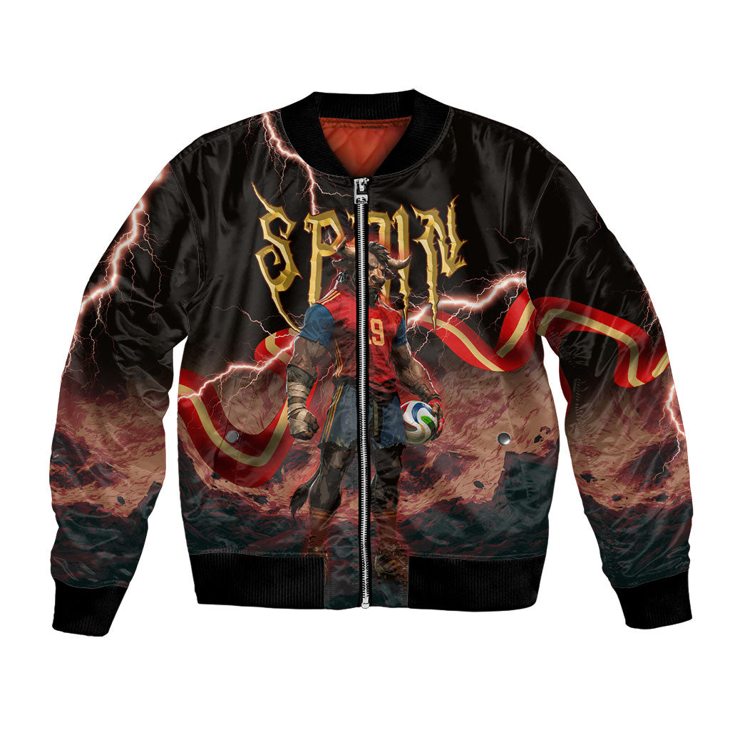 Spain Football Bomber Jacket Spanish Pride Bull Mascot Gothic Metal Lightning Storm