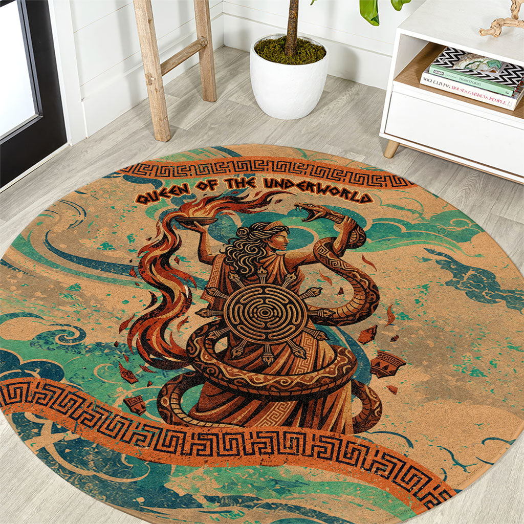 Hecate Goddess Of Witchcraft Round Carpet Hecate Flaming Torch Serpent And Strophalos Wheel Greek
