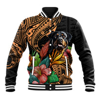 Unisex black baseball jacket with rottweiler graphic and Polynesian floral pattern
