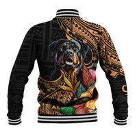 Unisex black baseball jacket, rottweiler graphic on back with Polynesian floral pattern