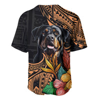 Black baseball jersey with large rottweiler face and polynesian motifs, floral accents