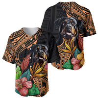 Two black baseball jerseys with rottweiler prints, polynesian patterns, and flowers