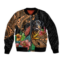 Unisex black bomber jacket with Polynesian pattern and Rottweiler graphic