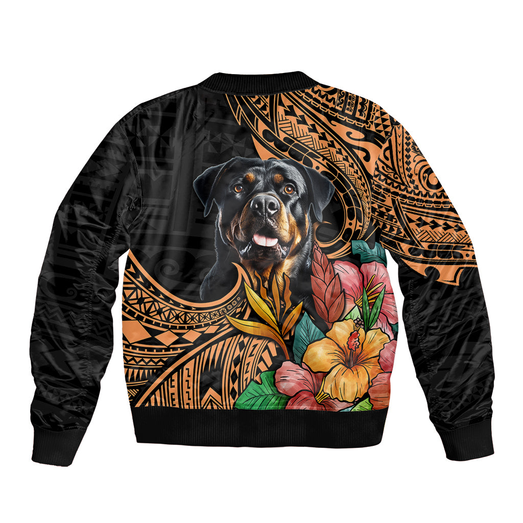 Unisex black bomber jacket with Polynesian tribal back print and Rottweiler portrait